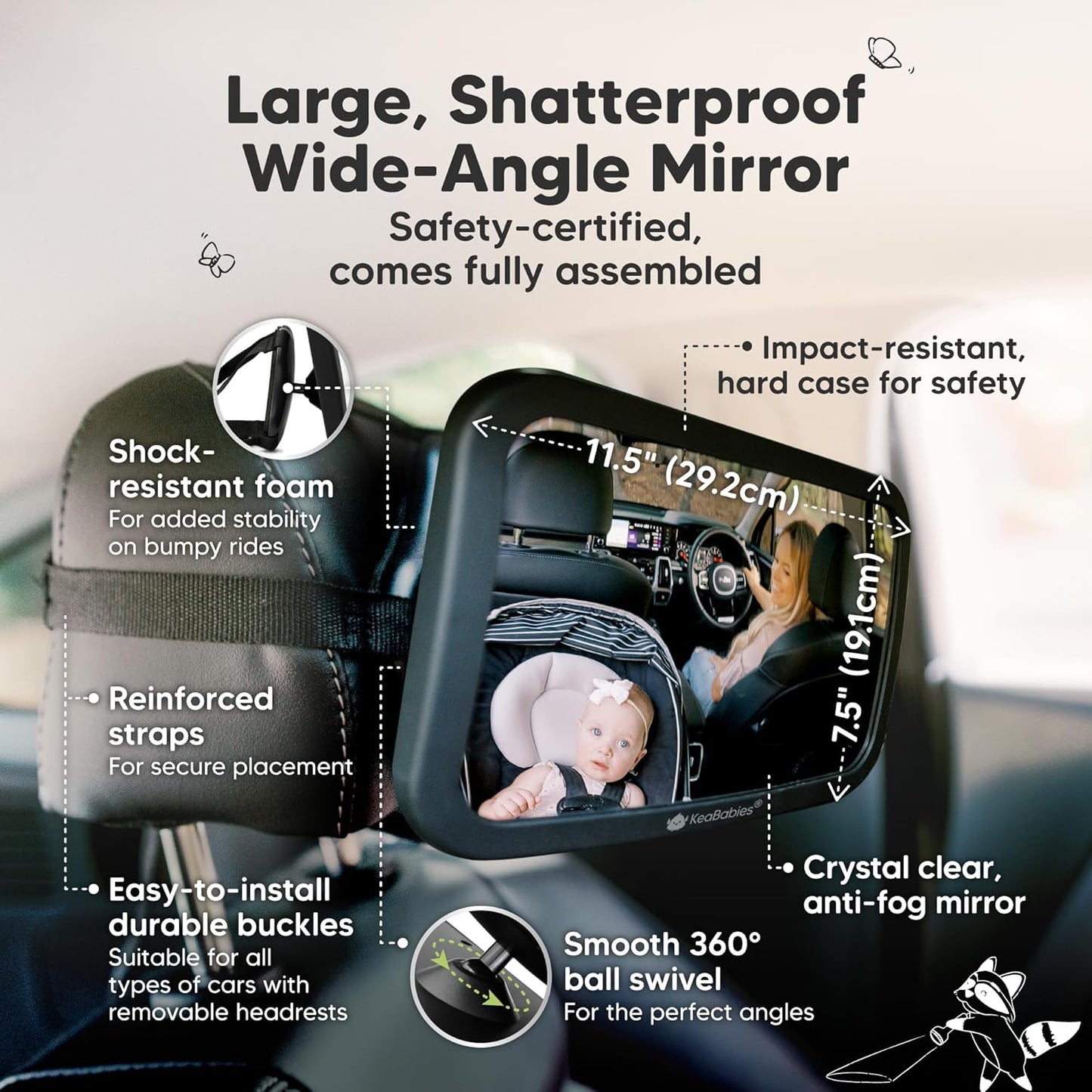 Large Shatterproof Baby Car Mirror - Safety Car Seat Mirror for Rear Facing Infant - Wide Shatterproof  Car Baby Mirror - Carseat Mirrors - Fully Assembled Baby Car Mirror (Matte Black)