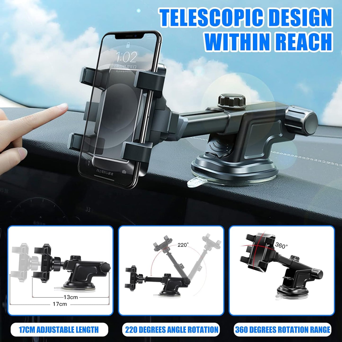 Mobile Phone Holder Car with Ventilation Opening Phone Clip, 3 in 1 Universal Mobile Phone Holder Silicone Protection 360 ° Rotatable Car Mobile Phone Holder Hands-Free Phone Holder for All Phones…