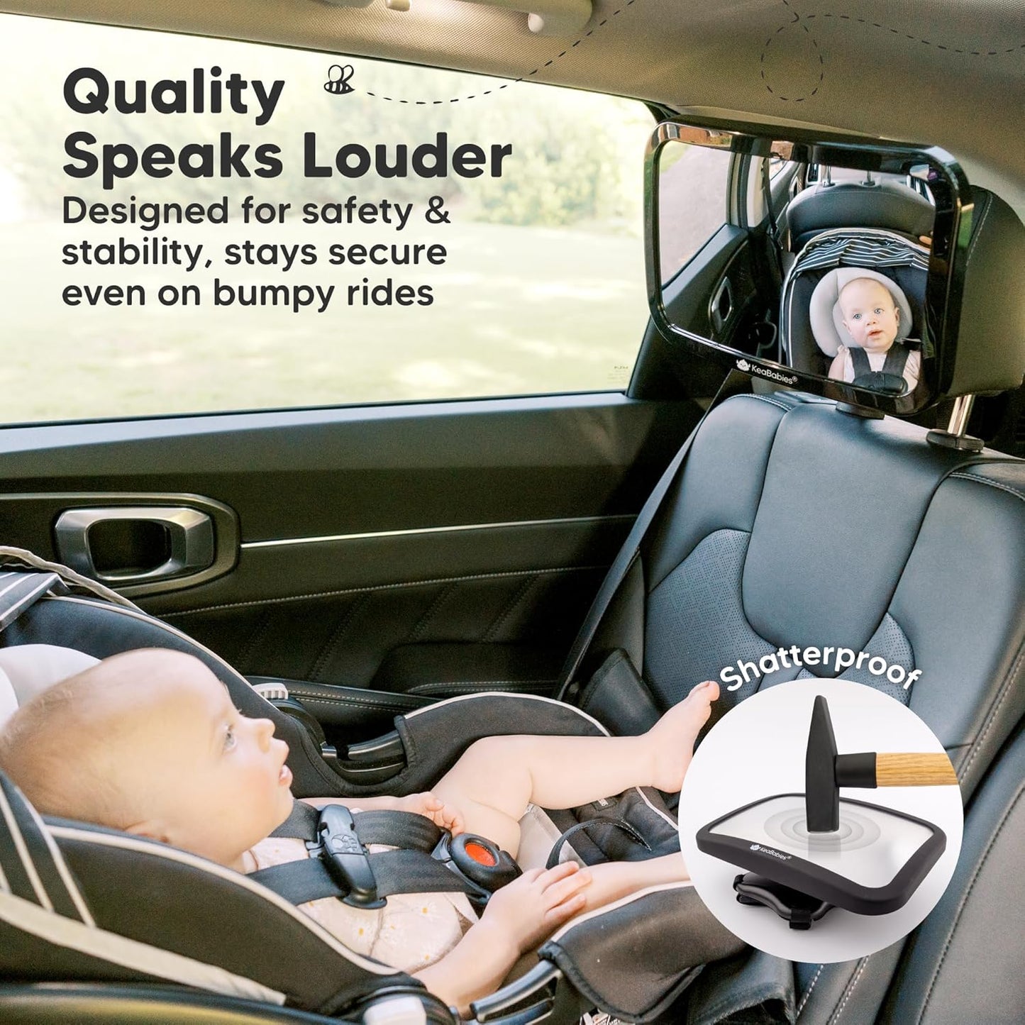Large Shatterproof Baby Car Mirror - Safety Car Seat Mirror for Rear Facing Infant - Wide Shatterproof  Car Baby Mirror - Carseat Mirrors - Fully Assembled Baby Car Mirror (Matte Black)